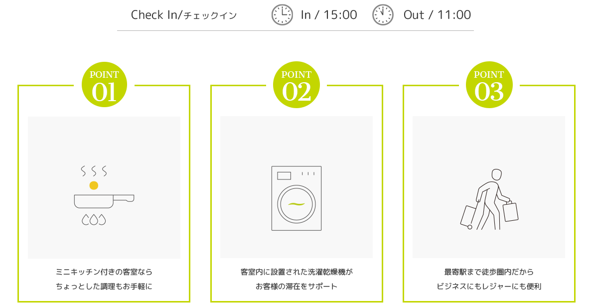 チェックイン15:00　チェックアウト11:00